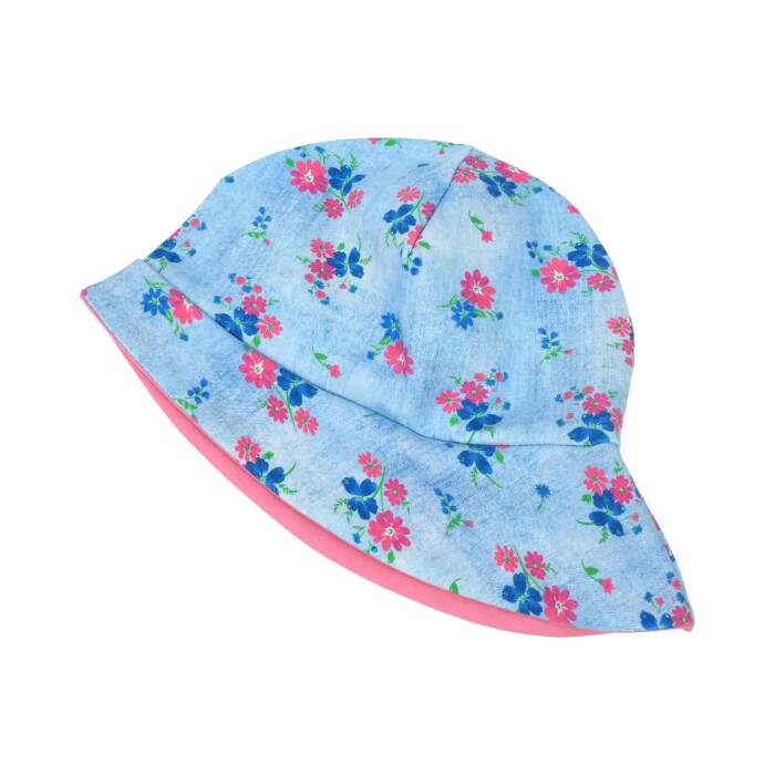 Sonnenhut Sommermütze "Sommerblumen" Denim Look hellblau S - 39-41 cm ohne Bändchen zum zubinden - ohne Aufpreis