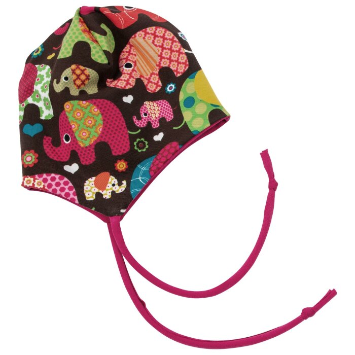 Baby-Beanie mit Ohrenschutz "Glückliche Elefanten", pink