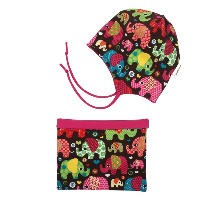 2 tlg. Set Beanie mit Ohrenschutz & Loop "Glückliche Elefanten" pink 
