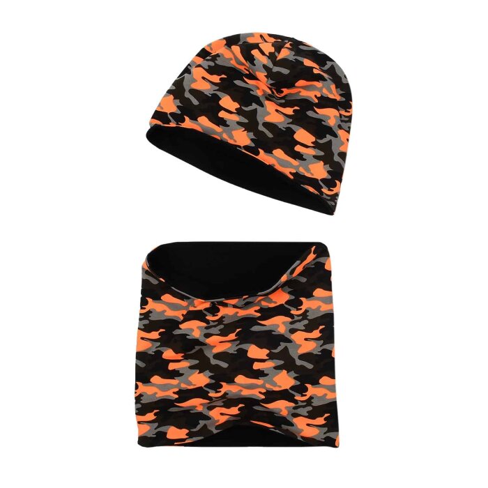 2 tlg. Set Beanie & Loop "Camouflage" schwarz-grau-orange