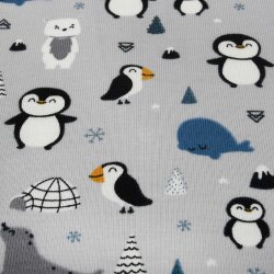 Baumwolljersey Pinguin, Eisbär & Wal "Süße Polarfreunde" hellgrau