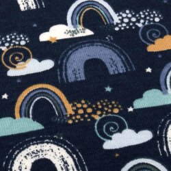 Baumwolljersey "Regenbögen & Wolken" auf denim blau 