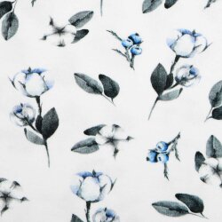 Baumwolljersey Digitaldruck "Cotton Blossom" Baumwollblumen auf creme