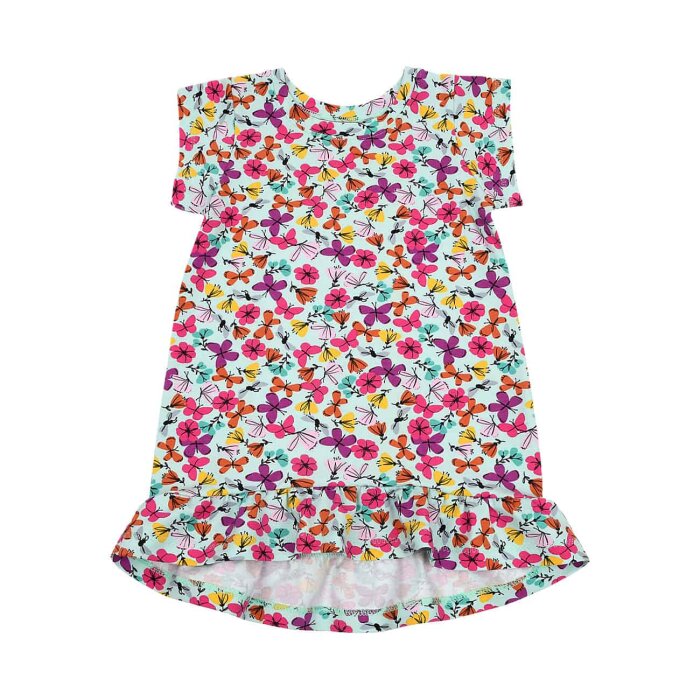 Tunika Kleid Longshirt mit Volant "Bunte Schmetterlinge & Blumen" creme