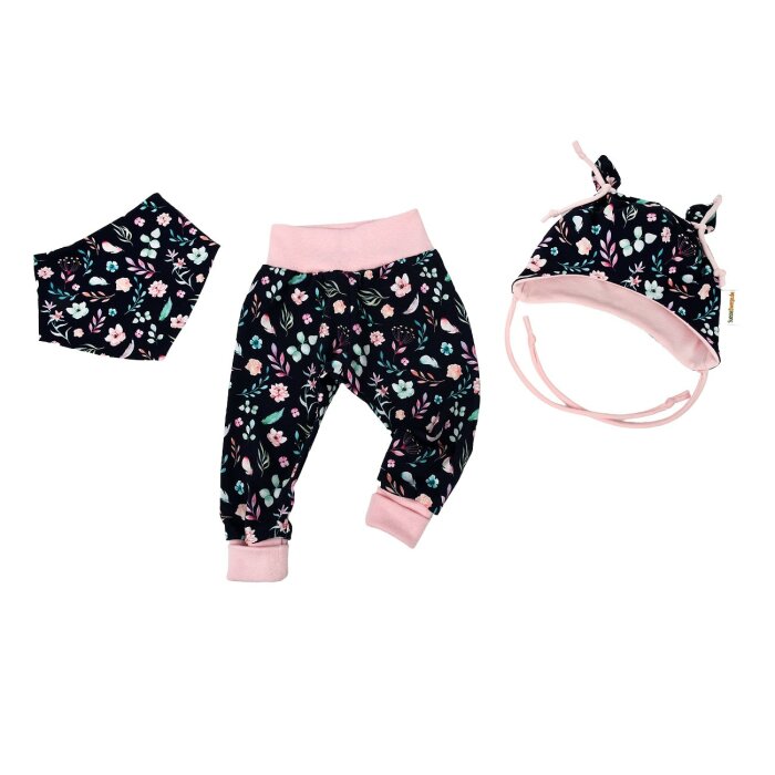 3-tlg Geschenkset Babyhose + Ohrenmütze + Tuch "Blumenzauber" nachtblau-rosa