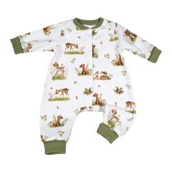 Schlafanzug Einteiler "Kleine Waldtiere" Hase, Fuchs, Reh & Bär creme-olivgrün