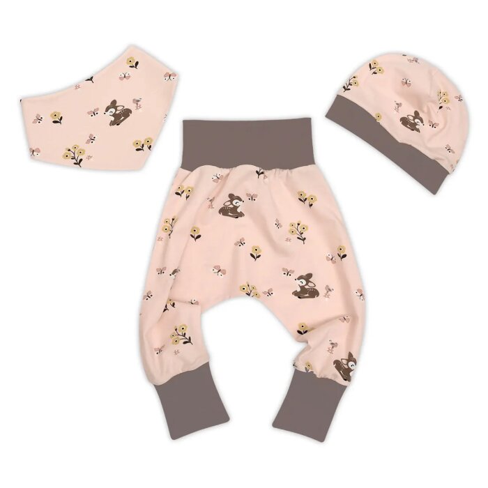 3-tlg Geschenkset Pumphose-Mütze-Tuch Erstlingsoutfit Rehkitz Hafenkitz & Schmetterlinge - apricot
