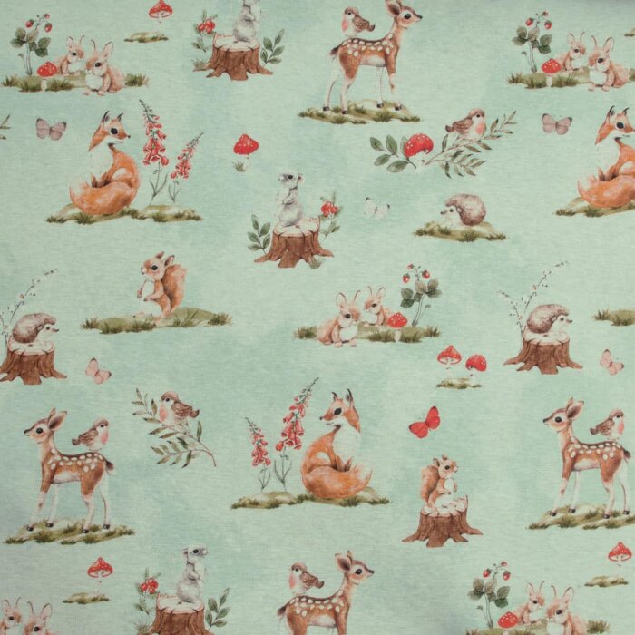 Alpenfleece Happy Fleece "Waldtiere" Fuchs Hase Rehkitz hellgrün-olivgrün