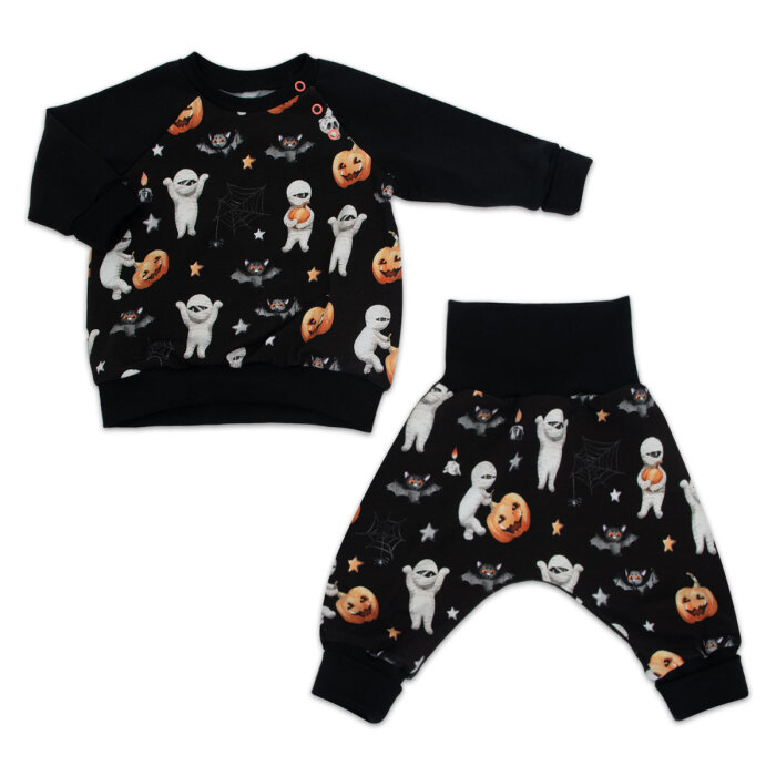 2 -teiliges Set Pumphose + Langarmshirt Halloween "Mumien" Kürbis & Fledermaus schwarz