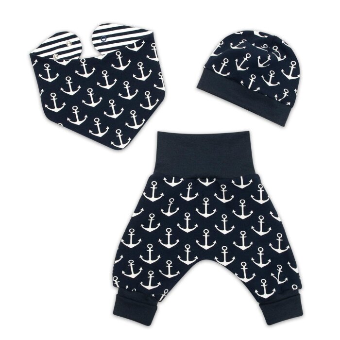 3-tlg Geschenkset Pumphose-Mütze-Tuch Erstlingsoutfit Glücksanker" maritim