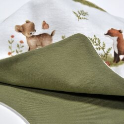 4 -teiliges Set Erstlingsoutfit Pumphose + Langarmshirt - Beanie + Halstuch "Kleine Waldtiere" creme-olivgrün