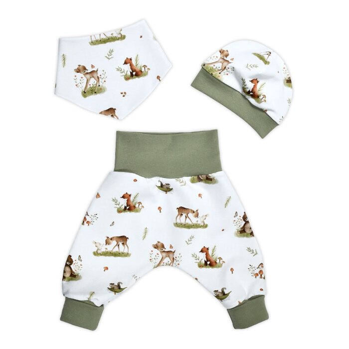 3-tlg Geschenkset Pumphose-Mütze-Tuch Erstlingsoutfit "Waldtiere" Fuchs, Hase, Rehkitz & Bär creme-olivgrün