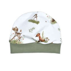 3-tlg Geschenkset Pumphose-Mütze-Tuch Erstlingsoutfit "Waldtiere" Fuchs, Hase, Rehkitz & Bär creme-olivgrün