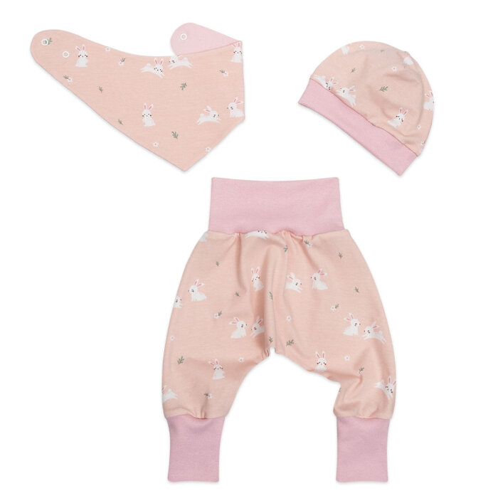 3-tlg Geschenkset Pumphose-Mütze-Tuch Erstlingsoutfit "Kleine Hoppel-Hasen" rosa