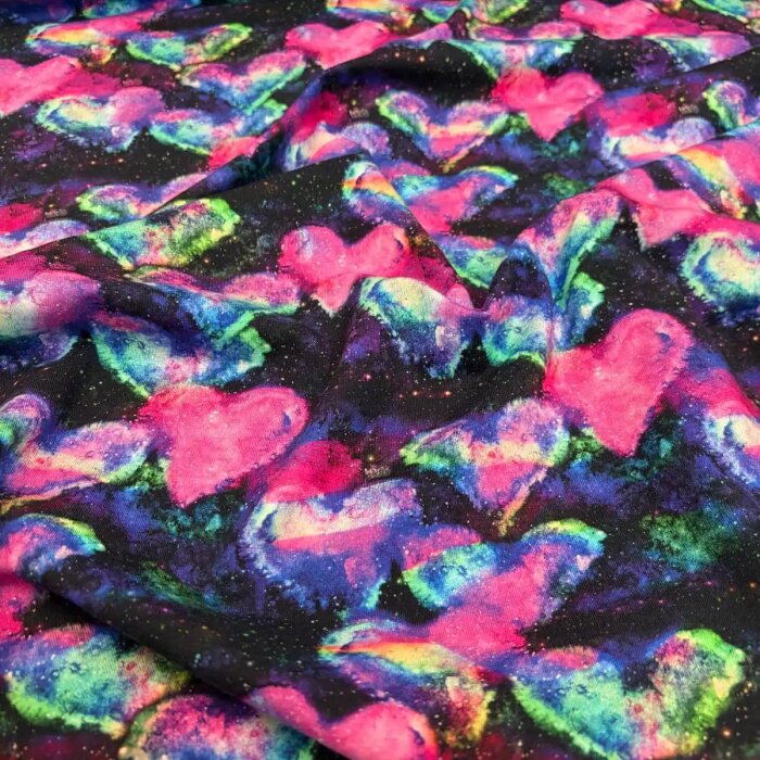 Baumwolljersey Digital "Neon Hearts" nachtblau-pink
