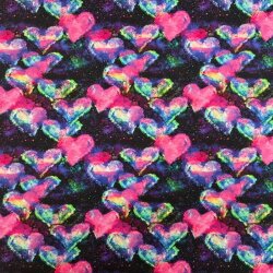 Baumwolljersey Digital "Neon Hearts" nachtblau-pink