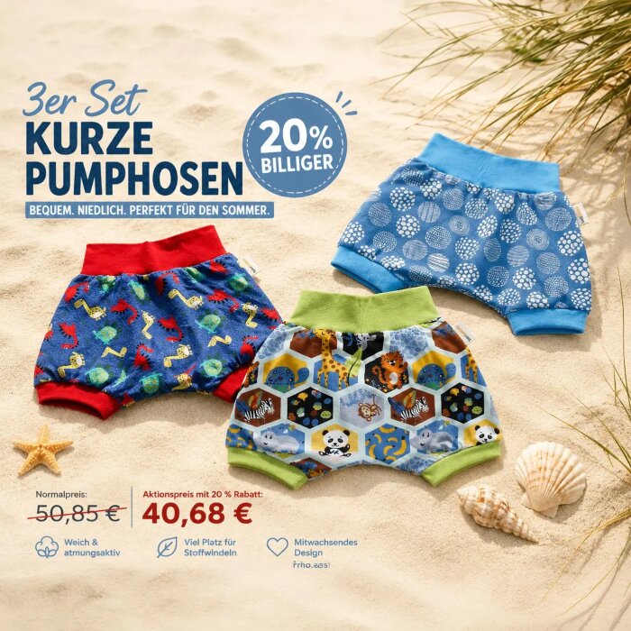 SOFORTKAUF Gr. 74 - 3er Set Shorts / kurze Pumphose "Kritzelkreise" + "Zootiere" + "Dinos"