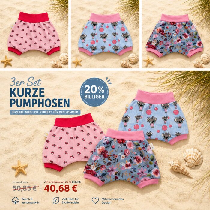 SOFORTKAUF Gr. 74 - 3er Set Shorts / kurze Pumphose "Koala" + "Rosentraum" + "Schmetterlinge"