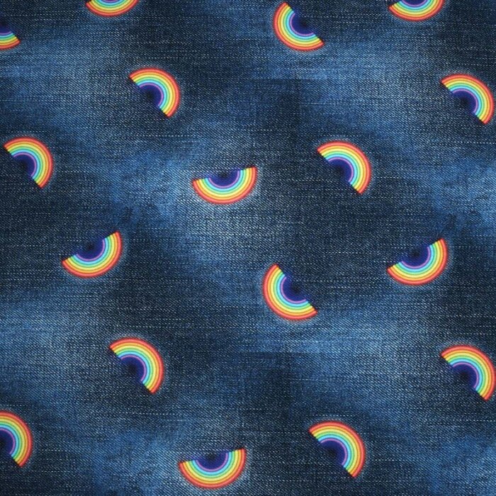 Baumwolljersey Digitaldruck "Regenbogen" Denim Look dunkelblau