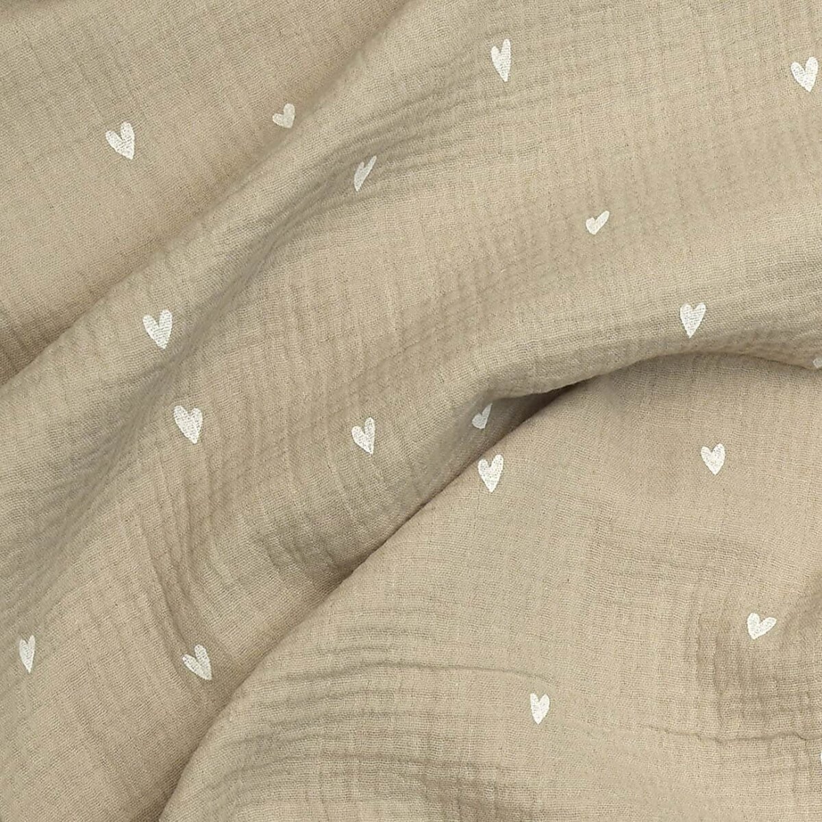 Musselin Double Gauze Kleine Herzen auf beige