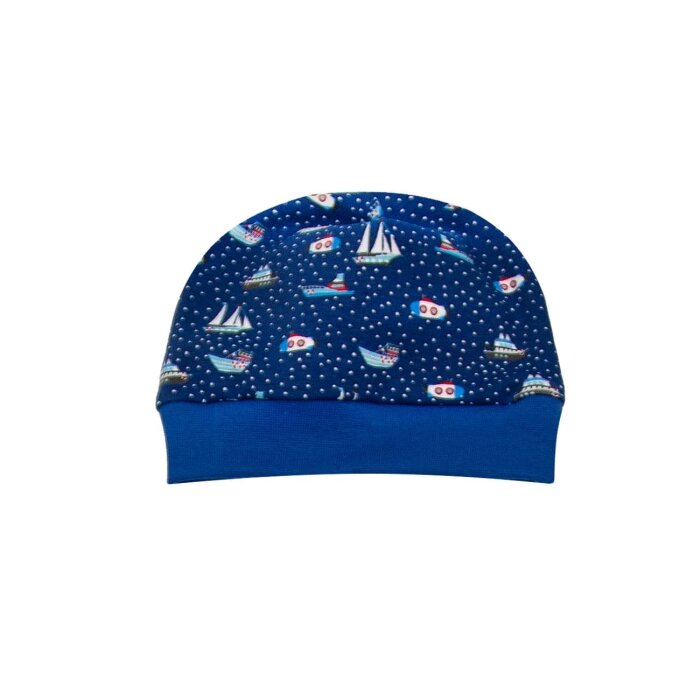 Beanie mit Bündchen  maritim "Boote" royalblau
