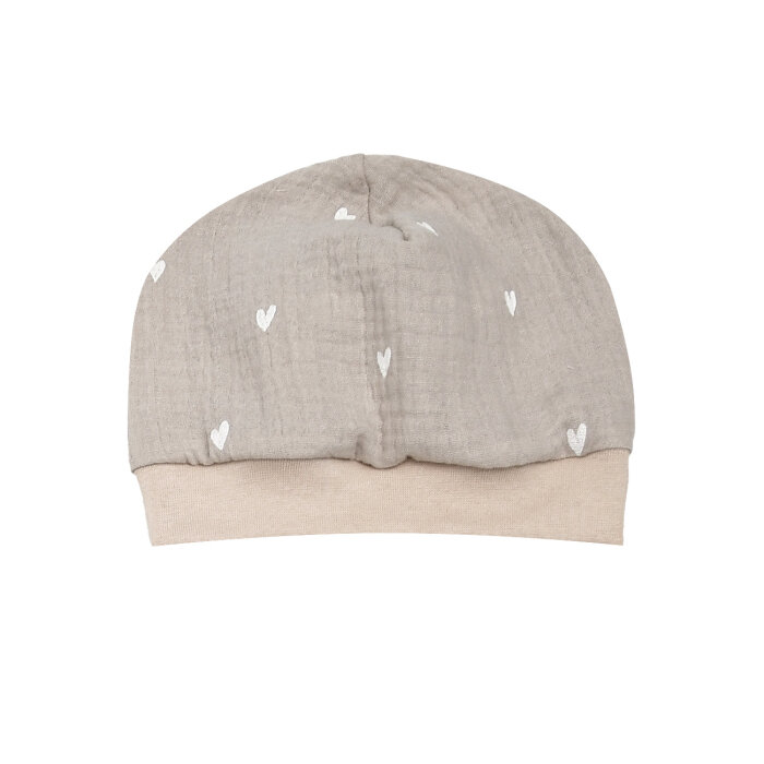 Musselin Mütze mit Bündchen "Kleine Herzen" beige