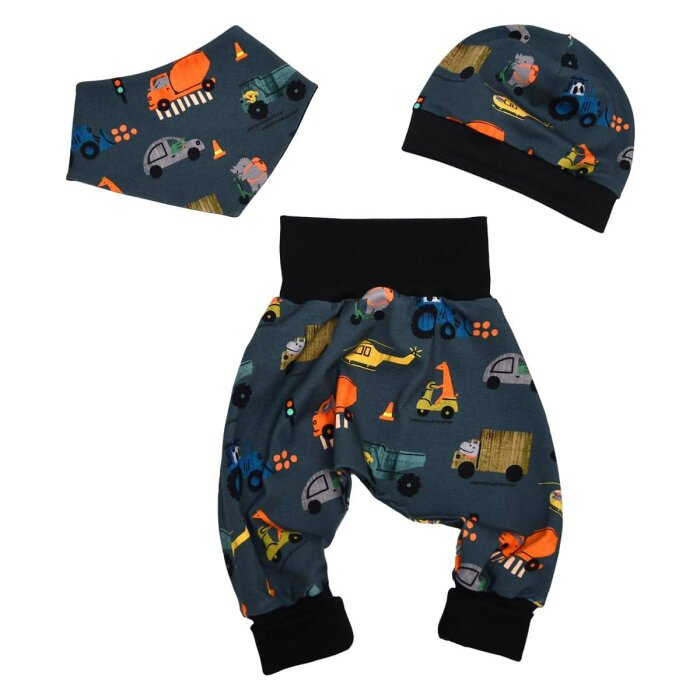 3-teiliges Geschenkset Pumphose-Mütze-Tuch Erstlingsoutfit "Tiere in bunten Fahrzeugen" grau